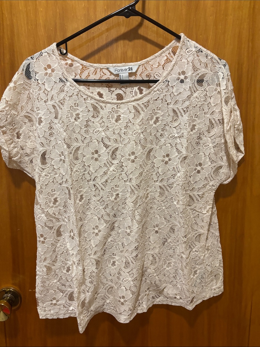 Forever 21 Cream Floral Lace Short-Sleeve Blouse